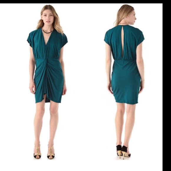 NWT $395 HAUTE HIPPIE COASTAL TEAL TWIST FRONT JERSEY SLINKY DRAPED DRESS L - Picture 2 of 6